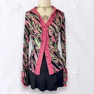 Bisou Bisou Early 2000's Pink Brown Floral Frilly Lace Button Up Blouse M